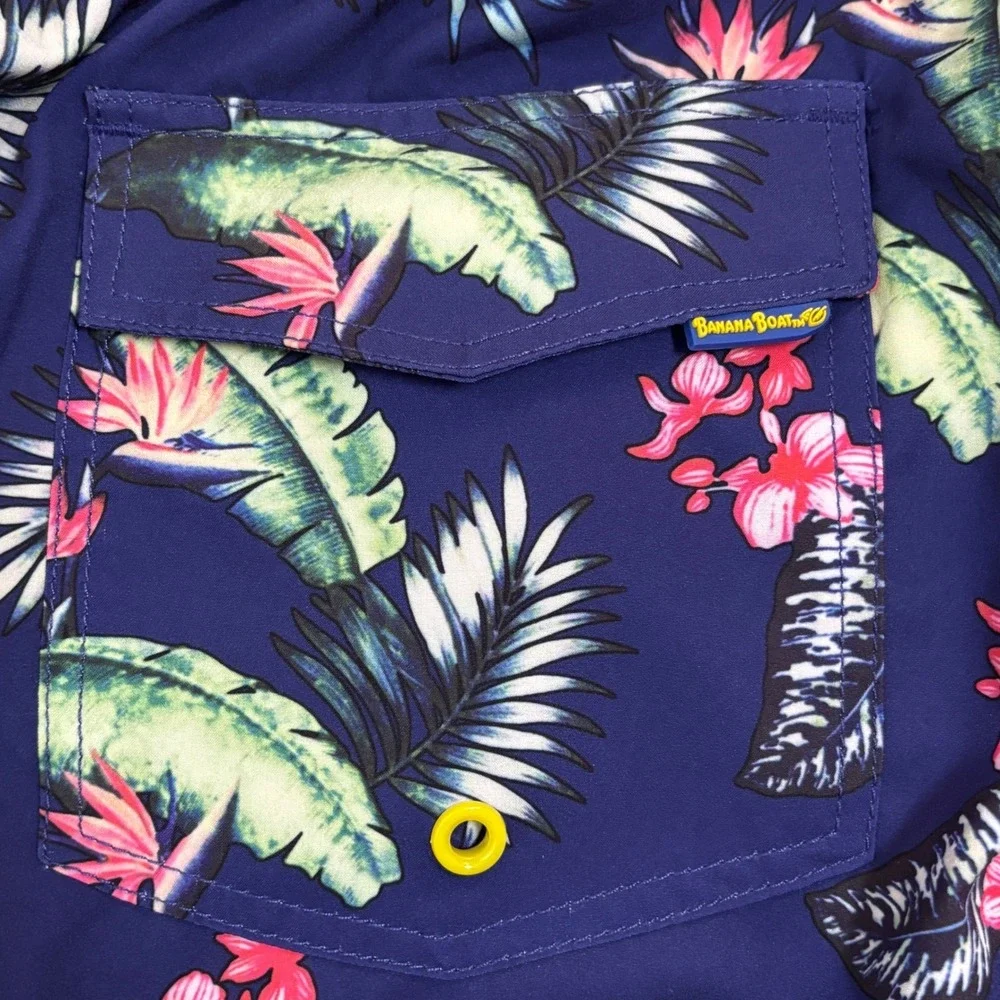 Banana Boat Men's Large Swim Trunks‎ Blue Tropical Floral Print Elastic UPF50
